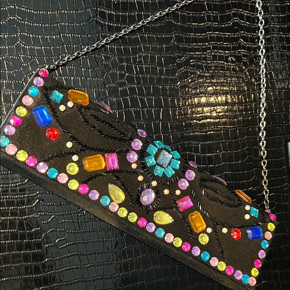 Handbags - 💎 Multi-Color Gemstone & Artisan Beaded Black Satin Evening Clutch 💎